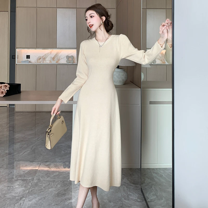 

Новинка, французское вязаное длинное платье с круглым вырезом и Расклешенным рукавом, женское свободное тонкое базовое платье-свитер, длинное осеннее платье