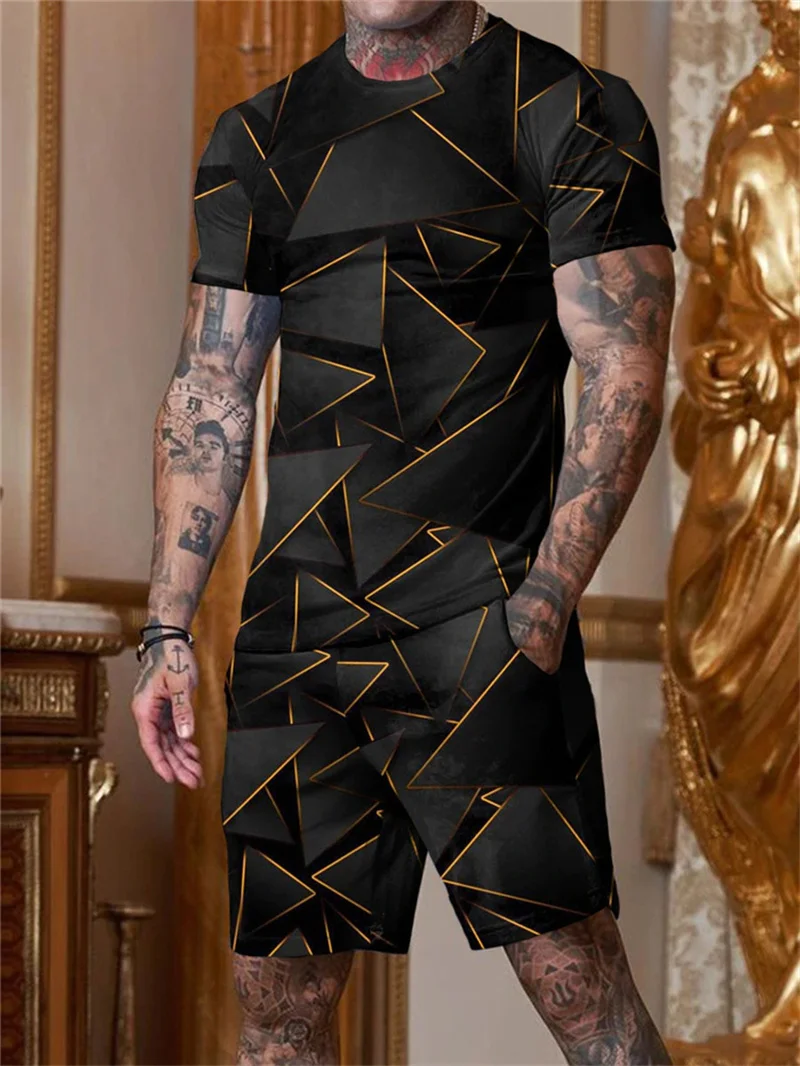 Lion Printed T Shirt Set for Men O-neck 3D 2 Piece Casual Suit 2023 Summer Oversized Men's Tracksuit Sportswear Shorts