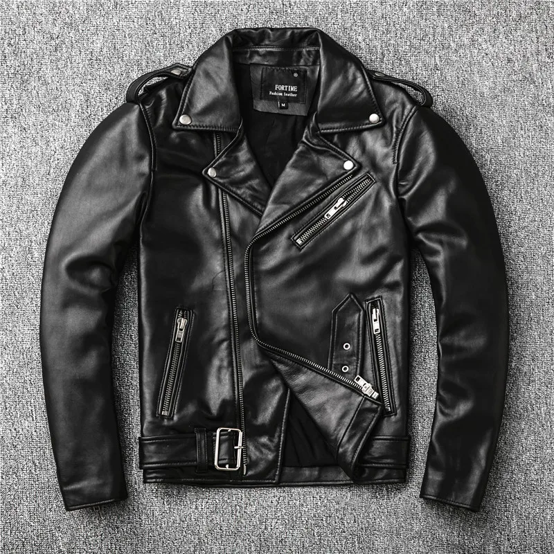 

Мужская кожаная мотоциклетная куртка, черная классическая куртка из овчины Новой Зеландии, приталенная куртка из натуральной кожи
