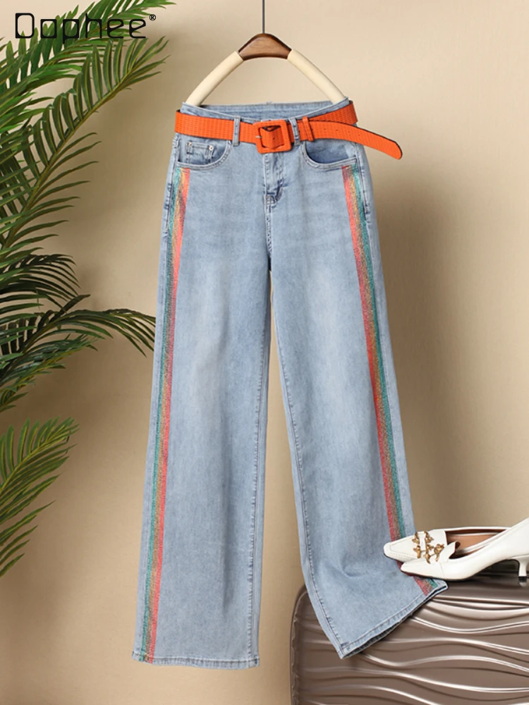 

Loose Rhinestone Denim Blue Wide-Leg Jeans 2022 Summer New Fashion Women's High Waist Drooping Thin Straight Jean Mop Pants