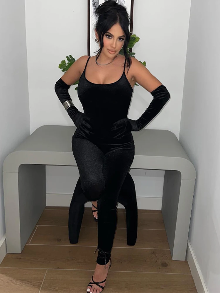 Ladies Sexy Club Wear Y2K Clothes Velvet Long Sleeve Backless Bodycon Skinny Jumpsuit For Women Sporty Streetwear Romper Outfits