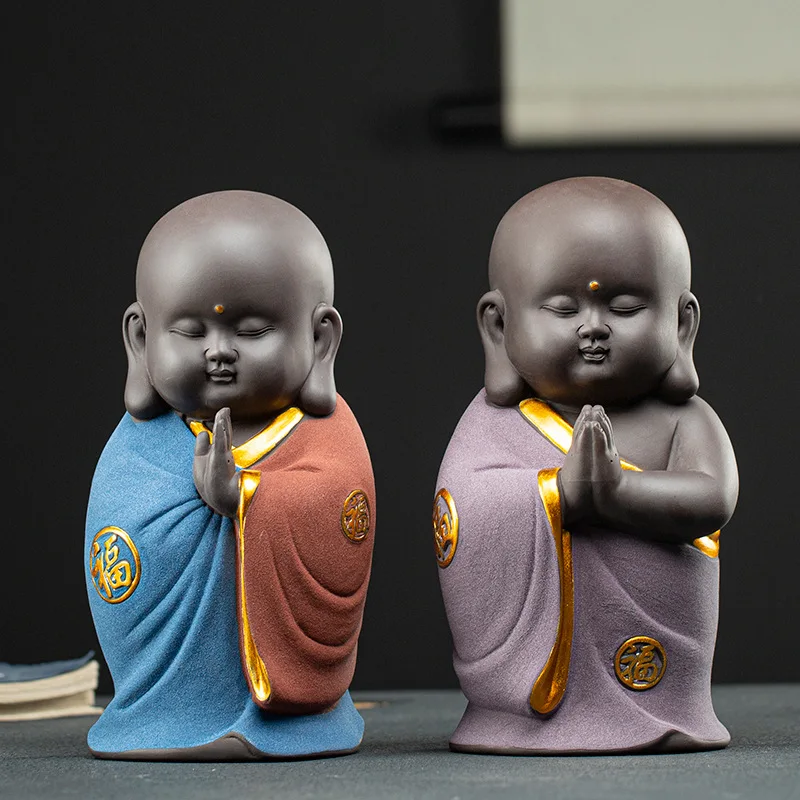 

New ceramic Zen little monk statue Handmade, painted Chinese ornaments Cute home decoration accessories Tea set statue