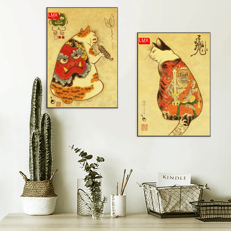 манга картины для интерьера Винтажный постер японская кошка самурая стена из