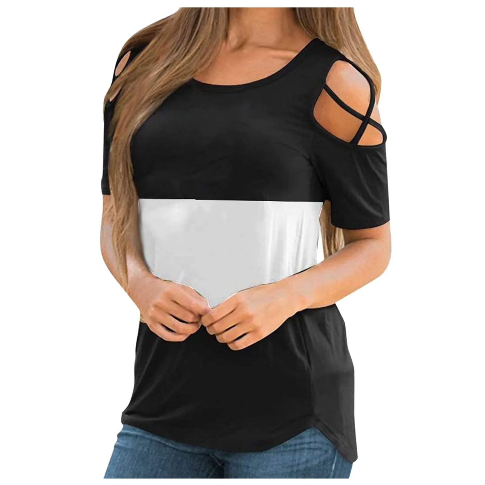 

2022 Cross Strap Short-sleeved Women's Tops Loose Casual Color Splice Print T-shirt Summer Ladies Fashion Plus Size Tops T-shirt