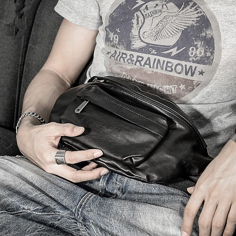 High-quality genuine leather men's multifunctional chest bag outdoor casual luxury natural first layer cowhide black waist bag