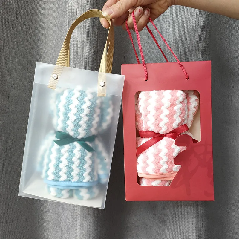 

35*75cm Stripe Soft Face Towel Coral Fleece Bear Shape With Bag Absorbent Hand Towels Washcloth Wedding Business Holiday Gifts