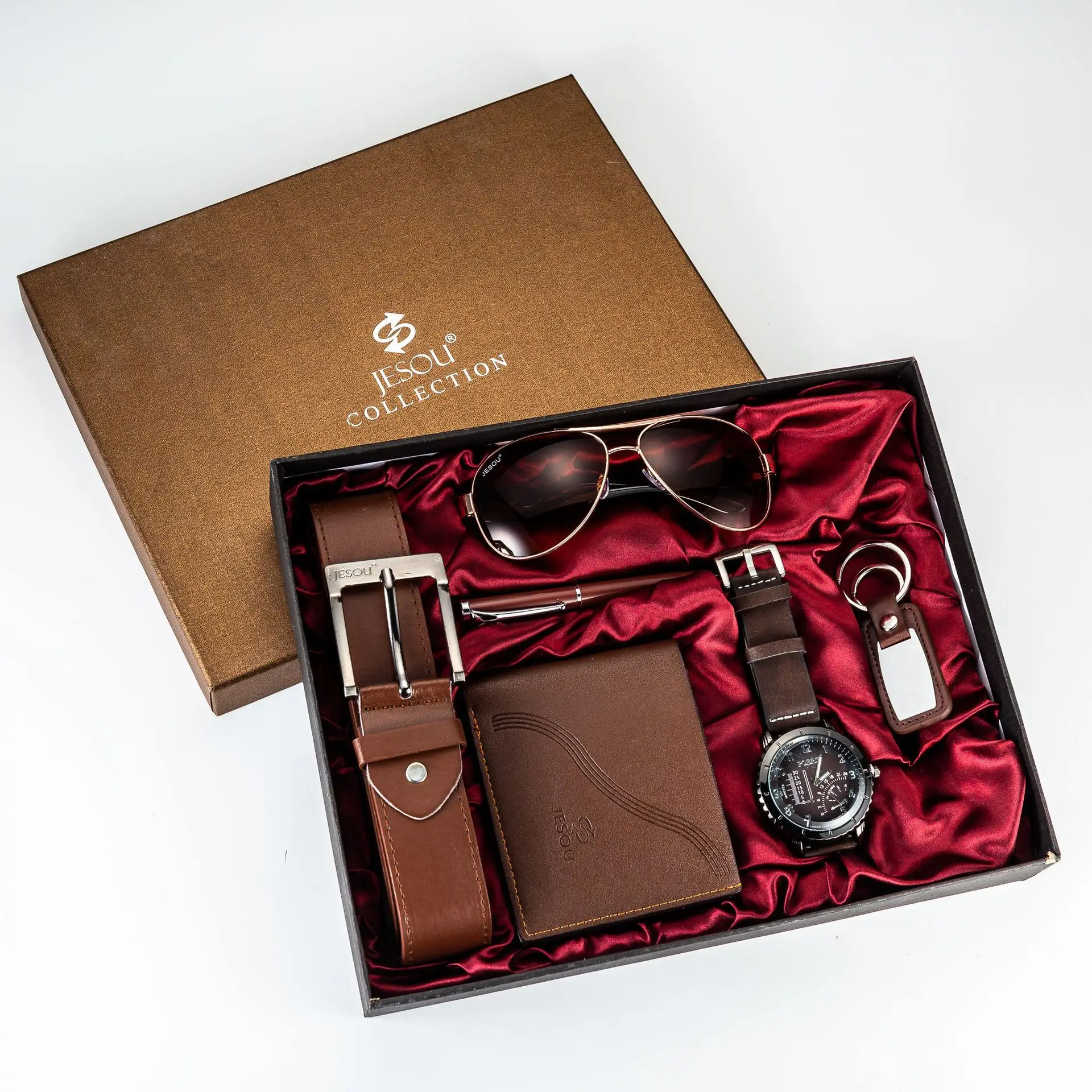 

6pes / Set Fashion Men's Watch + Belt Wallet+Glasses Creative Simple Combination Wristwatches Set