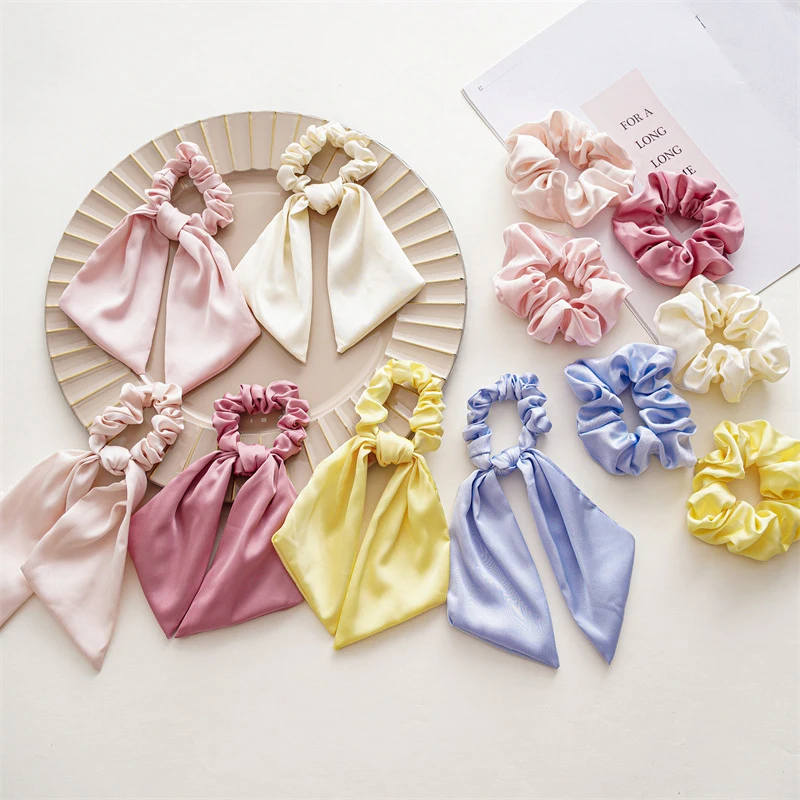 

Bow Satin Hair Scrunchies Long Ribbon Ponytail Hair Holder Scarf Hairbands Women Girls Elastic Hair Head Bands Ties Accessories