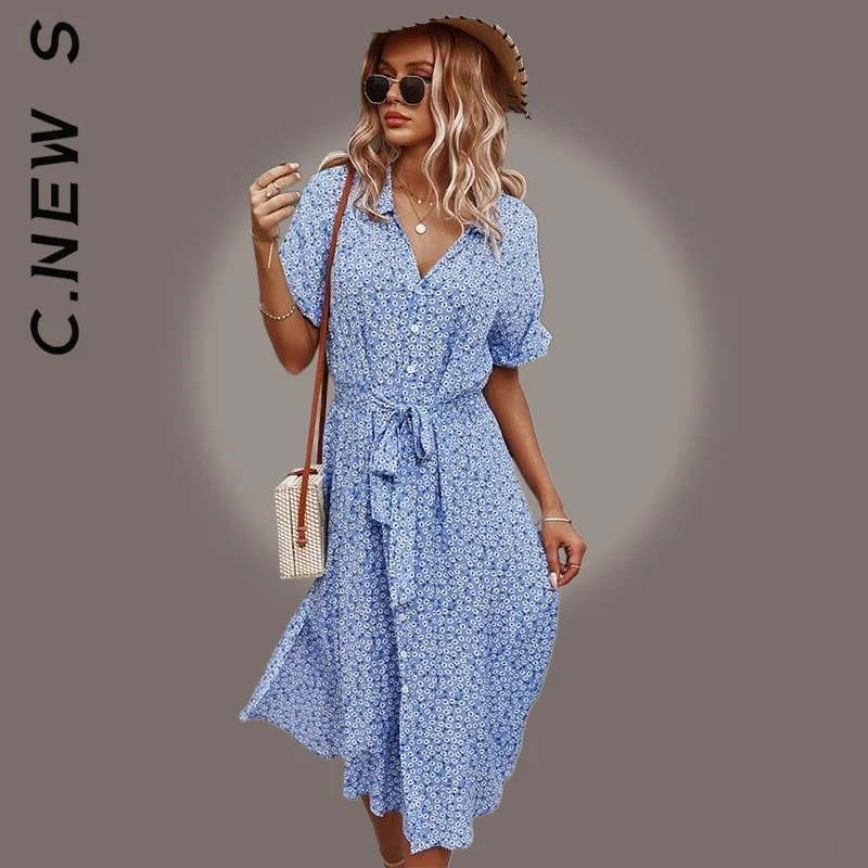 

C.New S Women Dress New Floral V-Neck Beach Boho Dress Temperament Streetwear Lazy Elegant Female Vestidos Dresses Woman