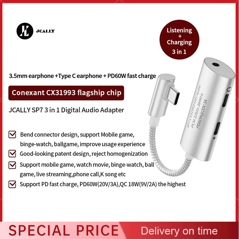 Аудиоадаптер jectic SP7 CX31993 с поддержкой 3,5 мм Type-C, PD 60 Вт, зарядка 3 в 1, цифровой аудиоадаптер, кабель