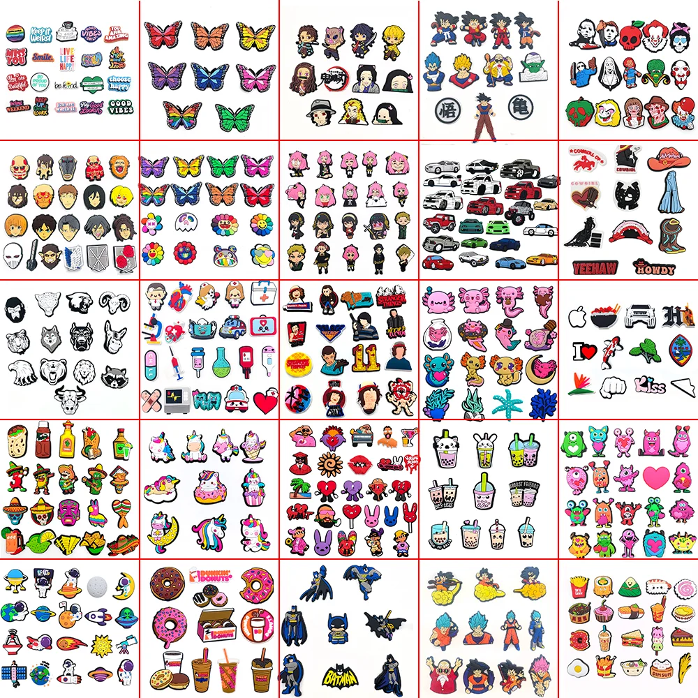 

Hot 1set Pack jibz 25 kinds Wholesale Cartoon Anime Shoe Charms DIY Croc Clogs Shoe Aceessories Fit Sandals Decorate kids gifts