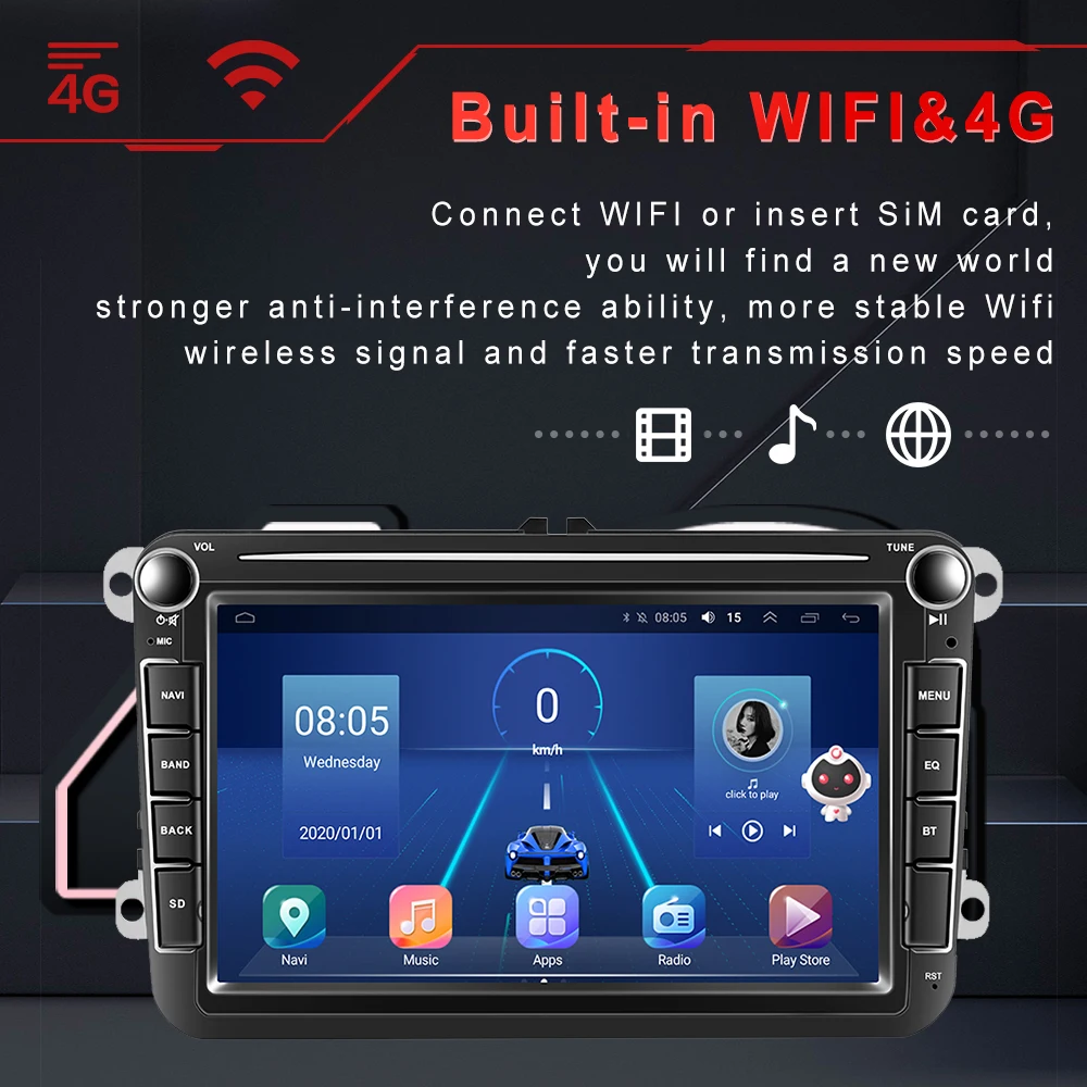 podofo 2 din car radio android 10 0 for vwvolkswagengolfpolopassatb7b6seatleonskoda 8 inch 8128g gps wifi 4g carplay free global shipping