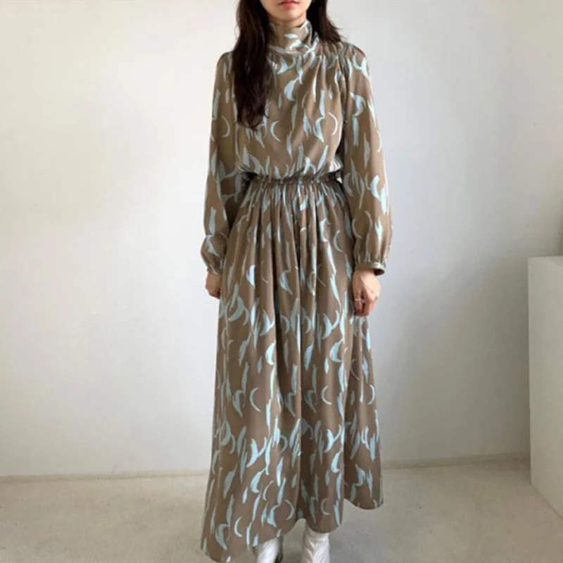 

Платье FAKUNTN с принтом, складками и присборенной талией, темпераментное тонкое женское весеннее платье с полувысоким воротником, новинка 2022, ...