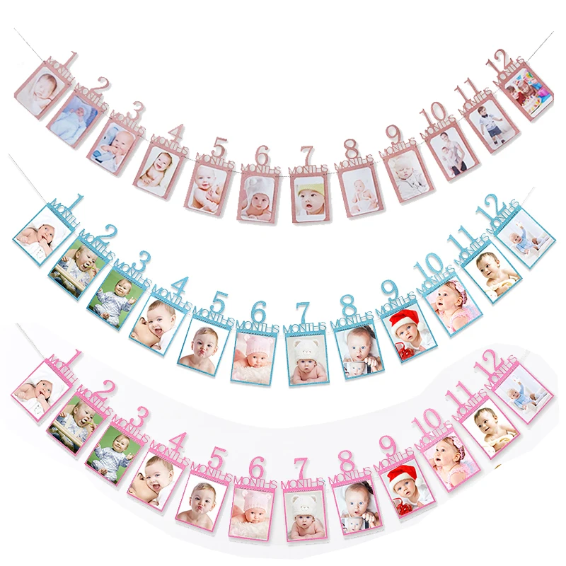 

12 Months Photo Frame Banner Happy Birthday Decoration First Boy Girl Party Paper Garland Baby My 1st One Year Bunting Supplies