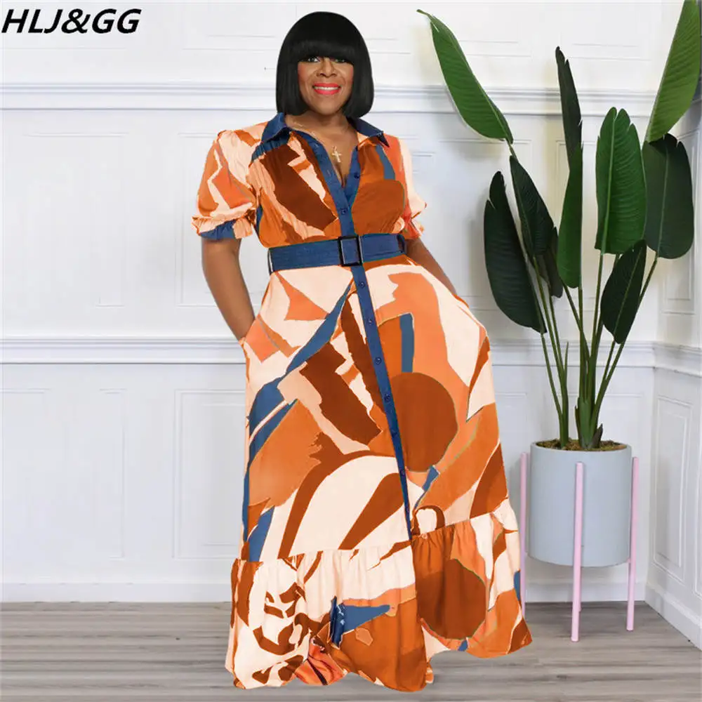 HLJ&GG Eleagnt Office Lady Dress Plus Size For Women Long Sleeve Button Belt Maxi Dress Fashion Print Streetwear Vestidos XL-5XL
