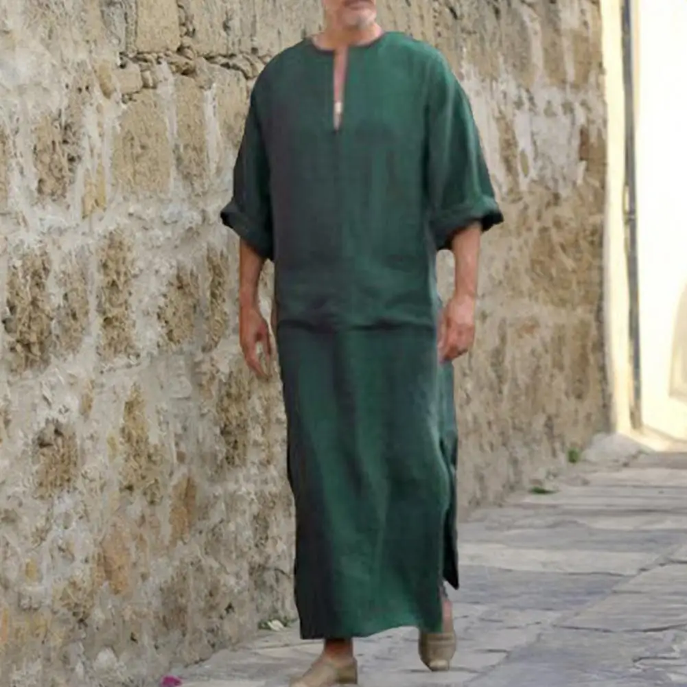 Portable Male Robe Skin-touch Long Shirt V Neck National Costume Men Clothing  Decorate