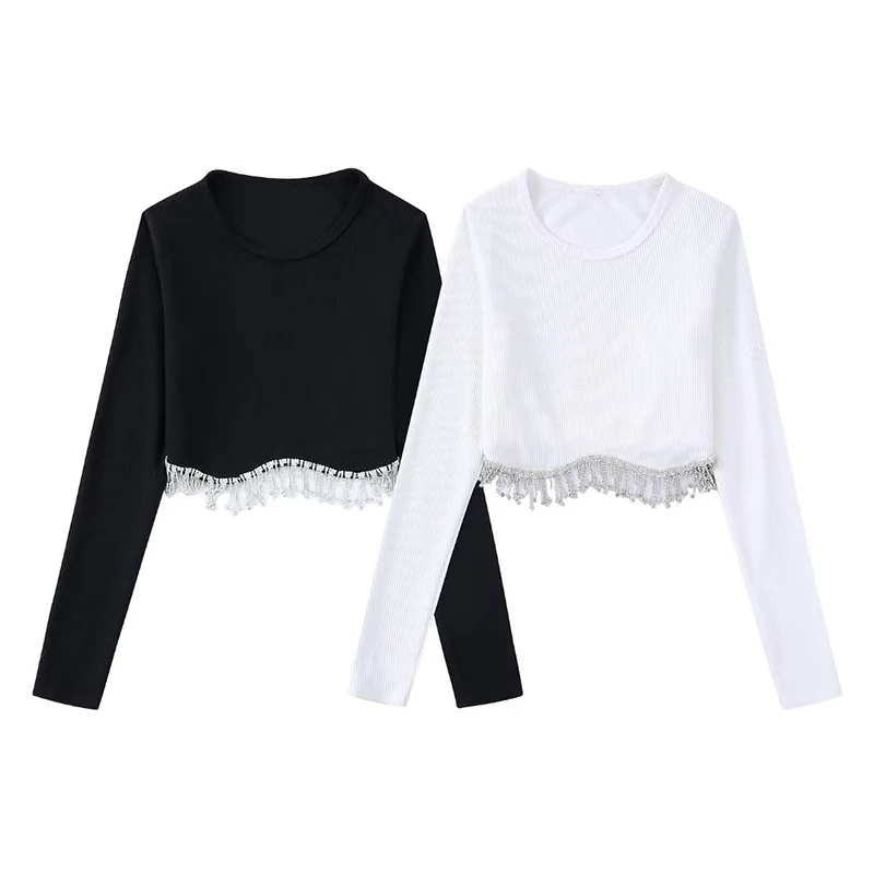 

2022 Spring Women Fashion Jewelry Embellished Solid Color Knitted Sweater Versatile Long Sleeve O Neck Short Pullovers BB22860
