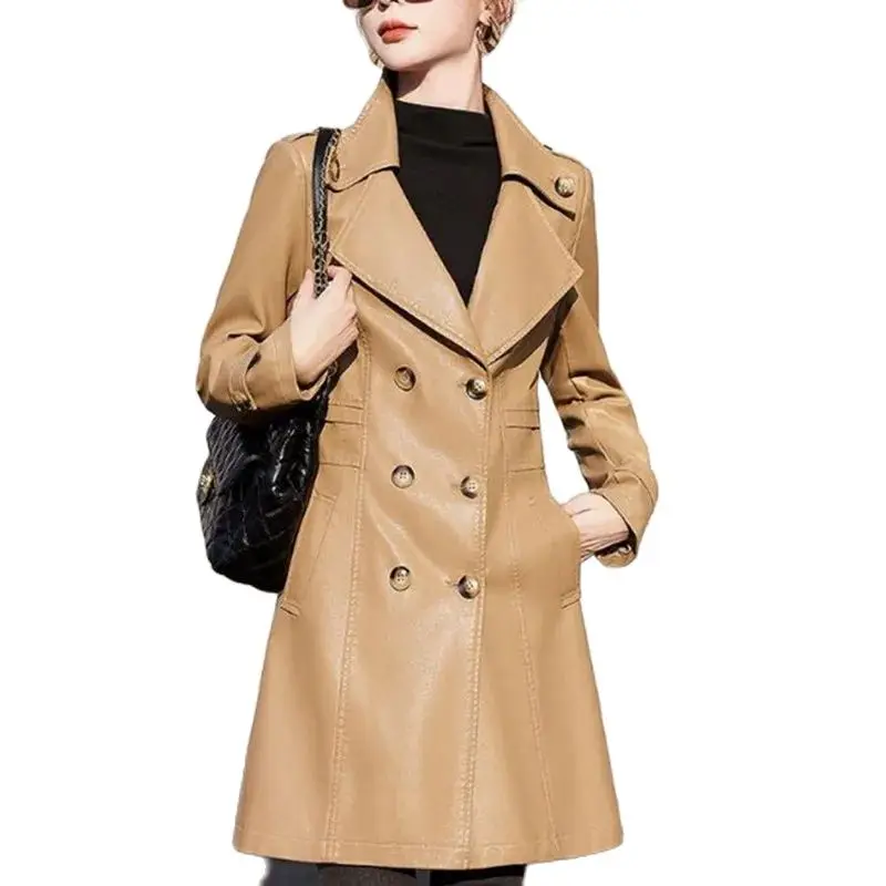 Женская кожаная длинная приталенная ветровка из искусственной кожи куртка