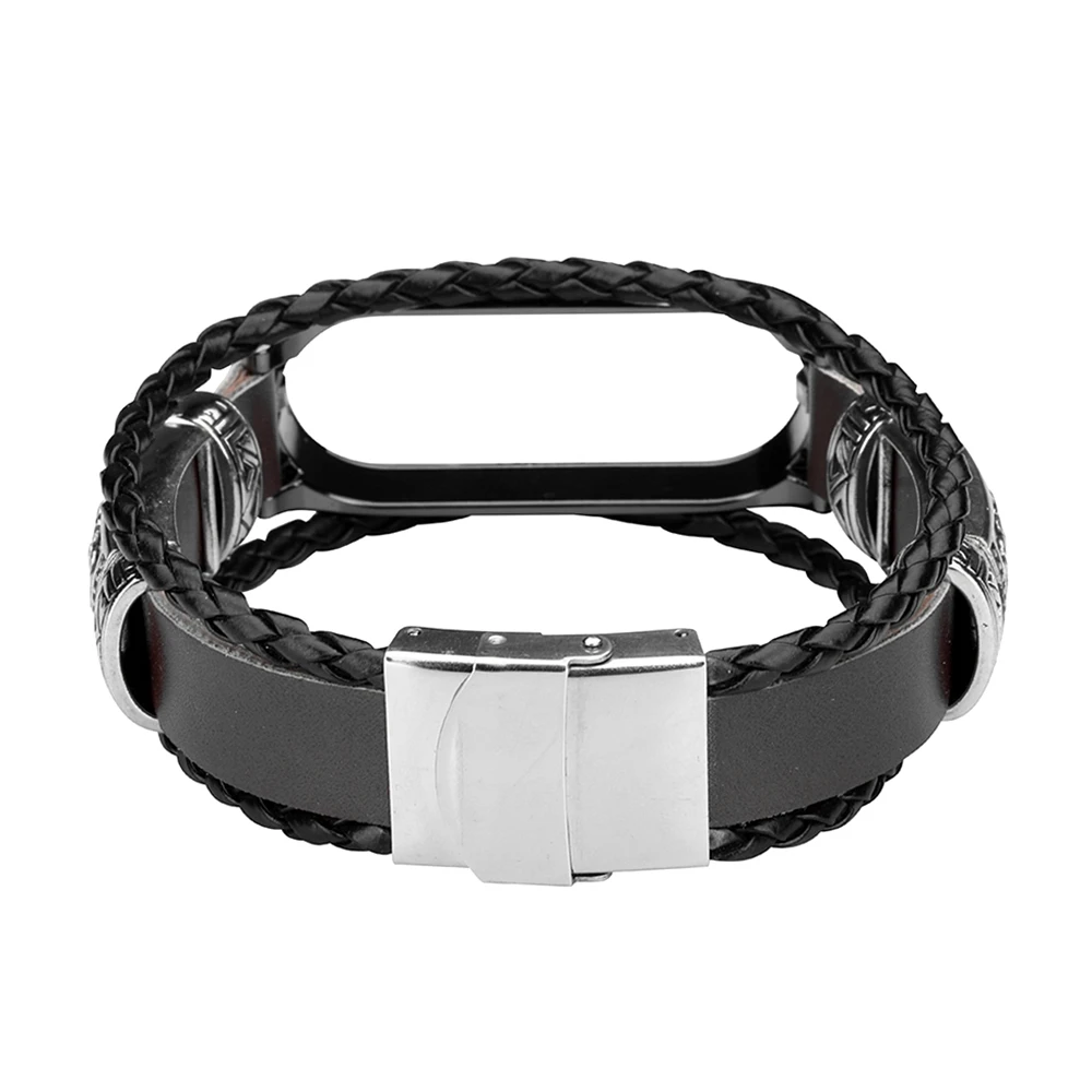 Leather Weave Wristband For Xiaomi Mi Band 5 4 3/5 NFC Smart Bracelet Metal Frame Watchbands Accessories For Miband 5 3 4 Straps