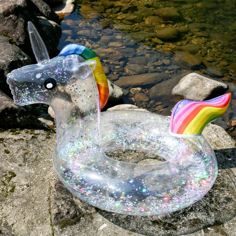 

Summer Swimming Pool Children 35 Inch Thick PVC Full Sequins Transparent Cute Flamingo Swim Ring Unicorn Inflatable Water Toys