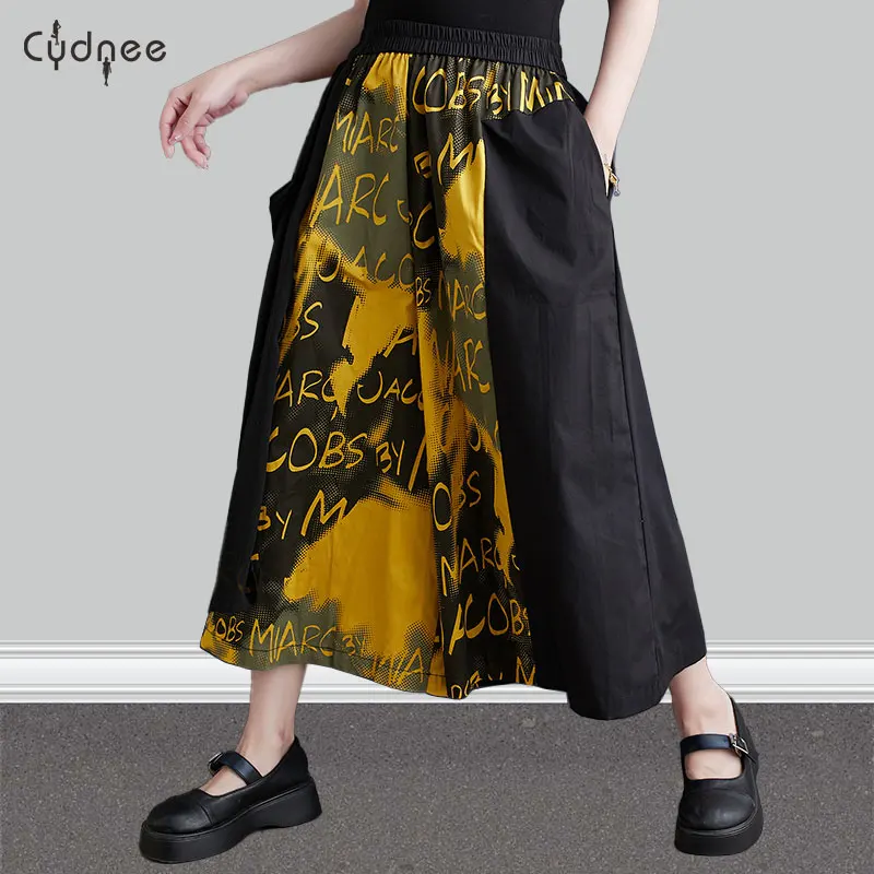 Женские летние широкие брюки-палаццо с высокой талией для отдыха в стиле пэчворк