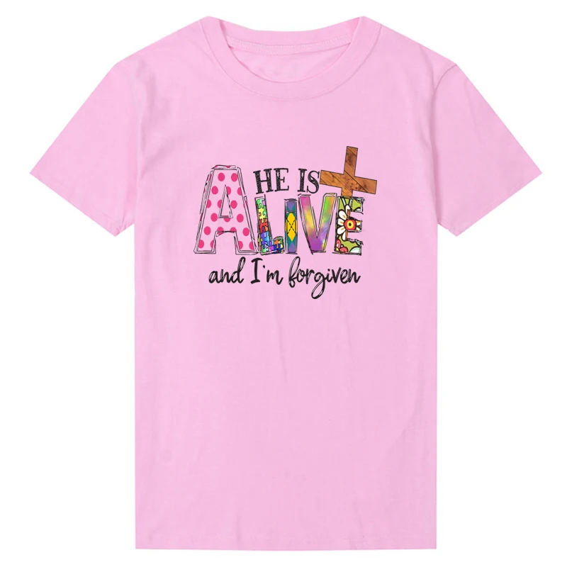 

He Is Alive and I'm Forgiven Retro T Shirt Women Cotton Religious Clothes Motivation Tshirt O Neck Bible Outfit Dropshipping