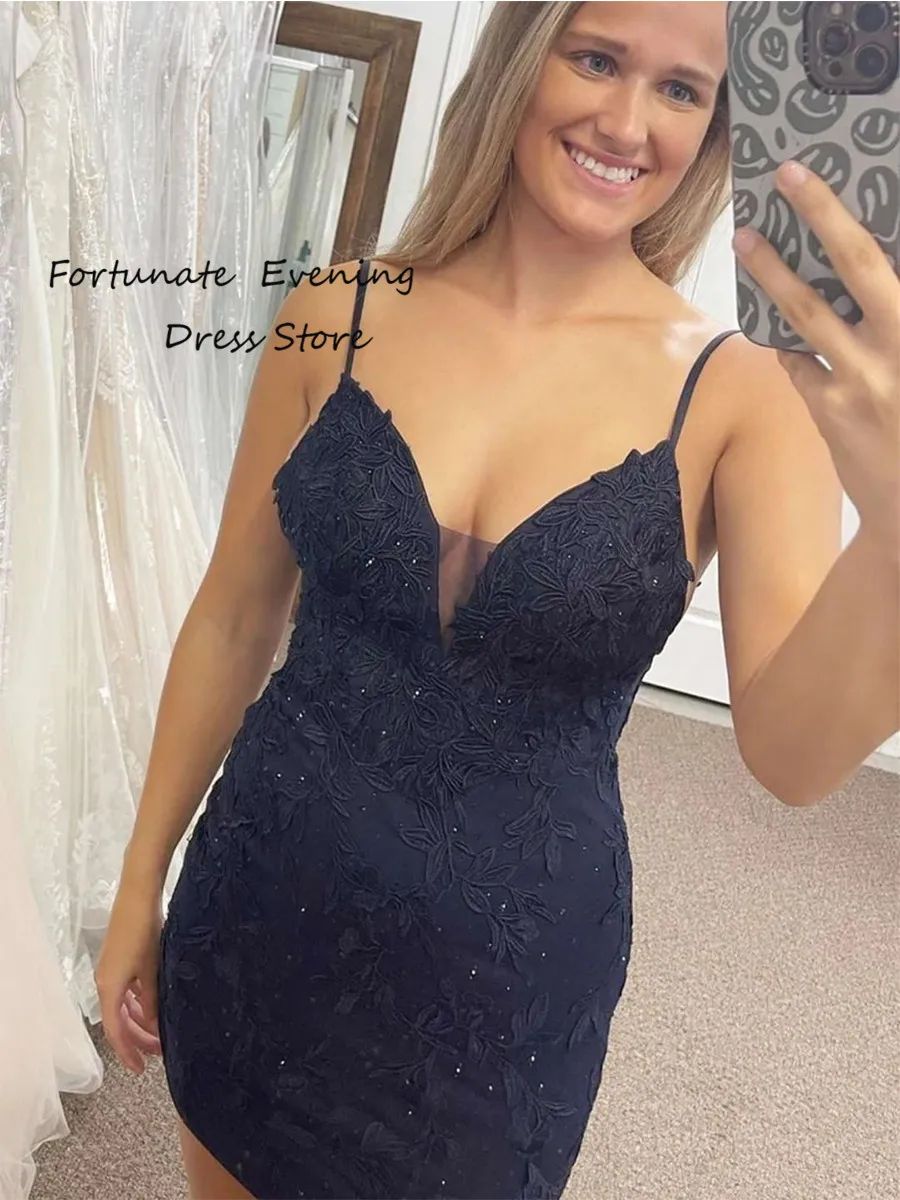 

Custom Occasion Cocktail Dresses Sexy Spaghetti Straps V-neck Charmeuse Applique Backless Short Sheath Prom Dresses