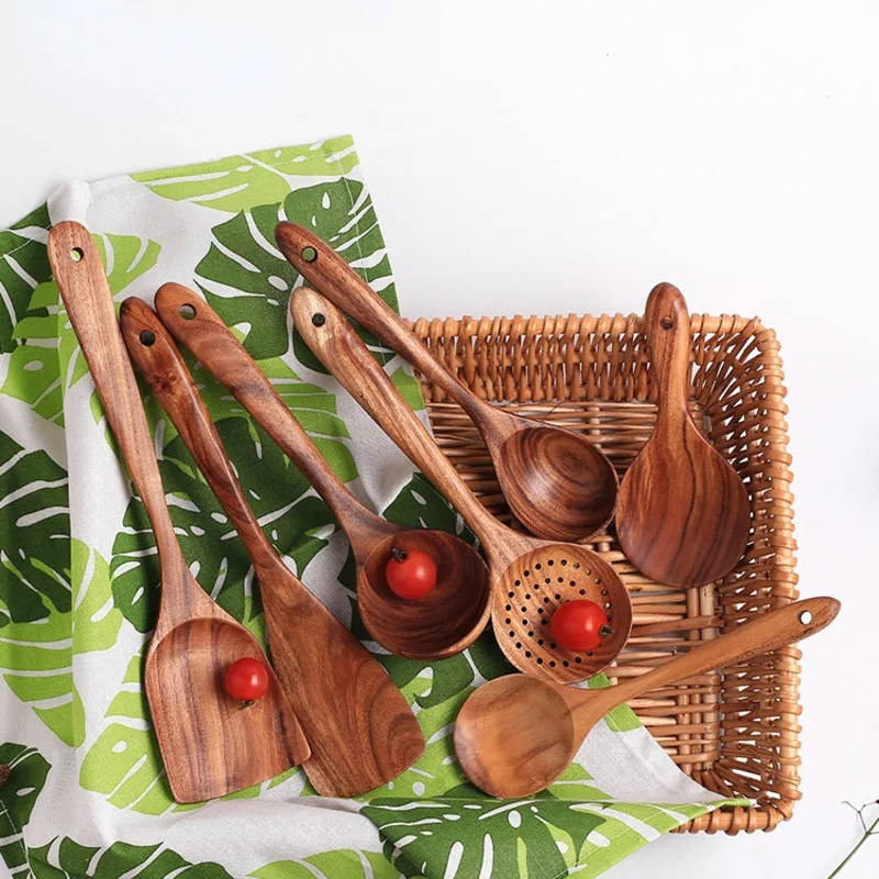 

Thailand Teak Natural Wood Pizza Tableware Spoon Ladle Turner Long Rice Colander Soup Skimmer Cooking Spoons Scoop Kitchen Tool