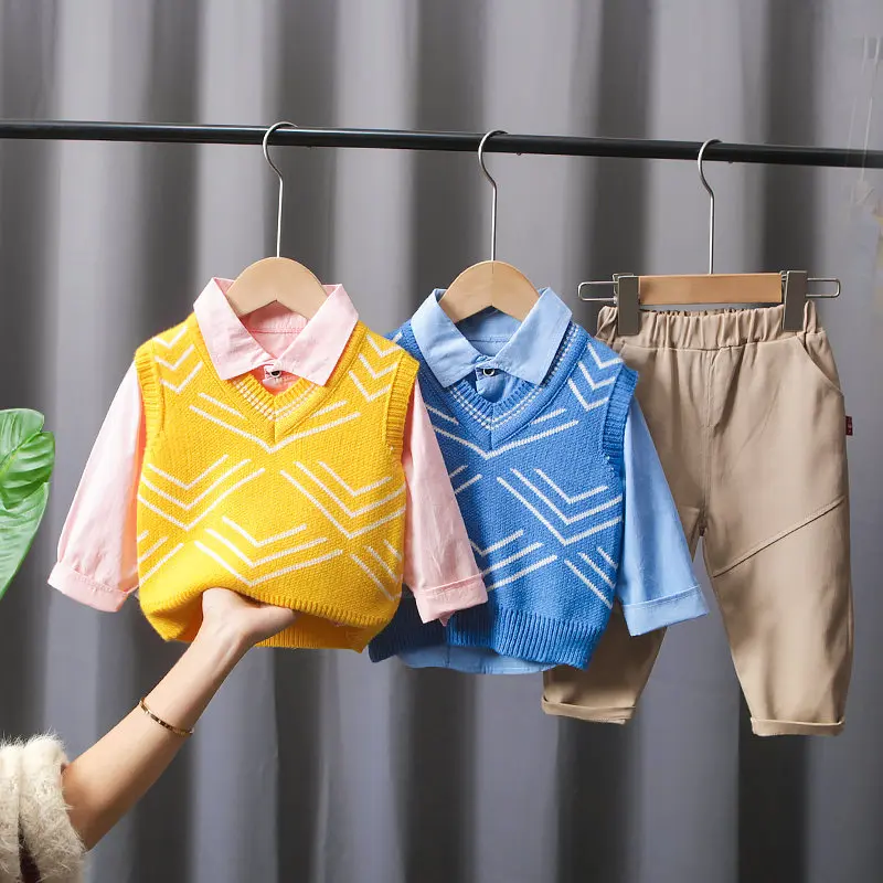 

Новинка, Детская Хлопковая одежда, костюмы для маленьких мальчиков и девочек, Повседневный свитер, жилет, рубашка, брюки, 3 шт./компл., весна-осень, детская спортивная одежда