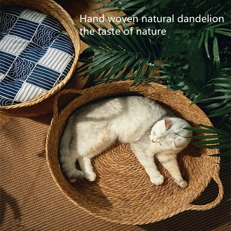 

Pure Manual Rattan Woven Cat Nest Four Seasons General Dandelion Woven Cool Nest Cat Bed Cat Scratch Board Pet Products
