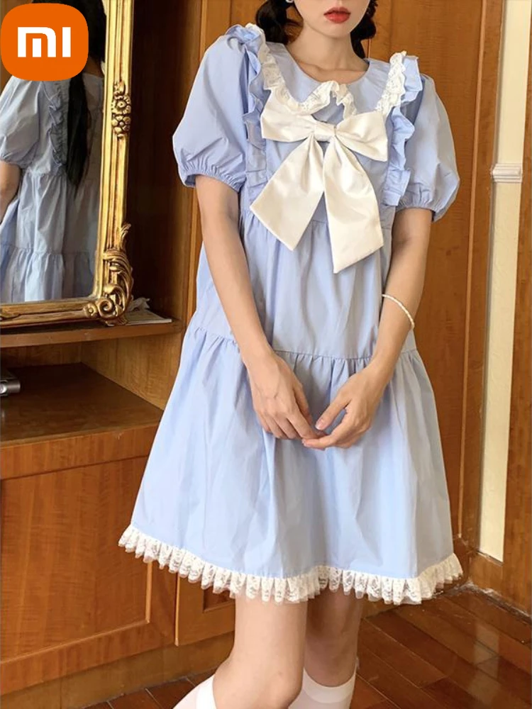 

Xiaomi Women Lolita Dress Kawaii Bow Lace Patchwork Short Sleeve Dresses Summer Blue Preppy Style Sweet Cute Peter Pan Collar