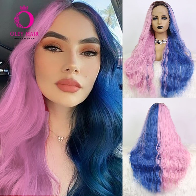 Light Pink Synthetic Lace Front Wig Deep Wave Blue Long Ombre Lace Wigs New Arrivial Lolita Cosplay Wigs For Black Women