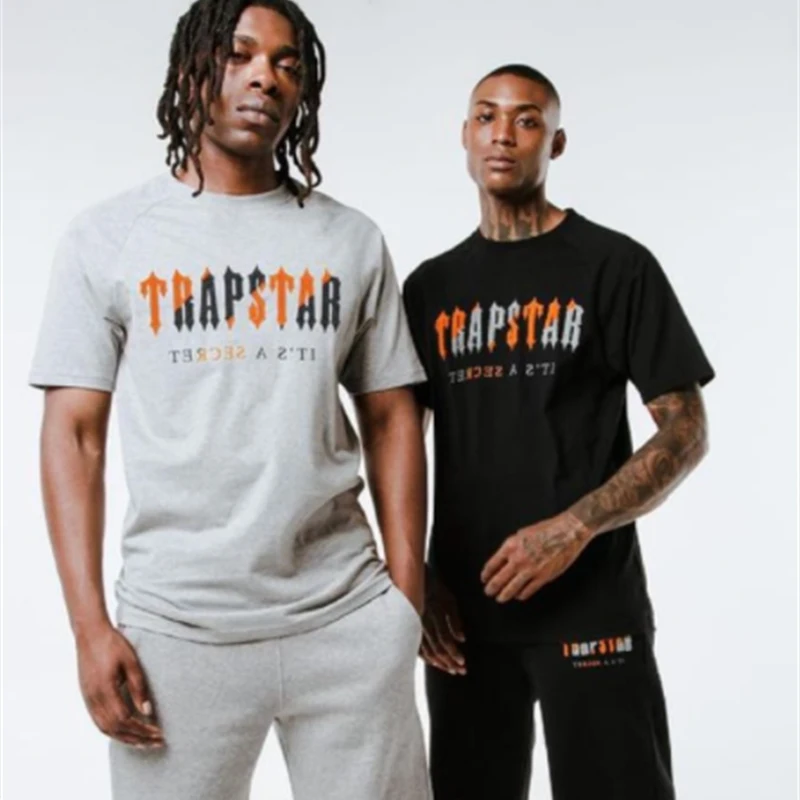 Trapstar New Spring And Summer Orange Gray Towel Embroidered Cotton High-Quality Sports T-Shirt Short-Sleeved Shorts Suit