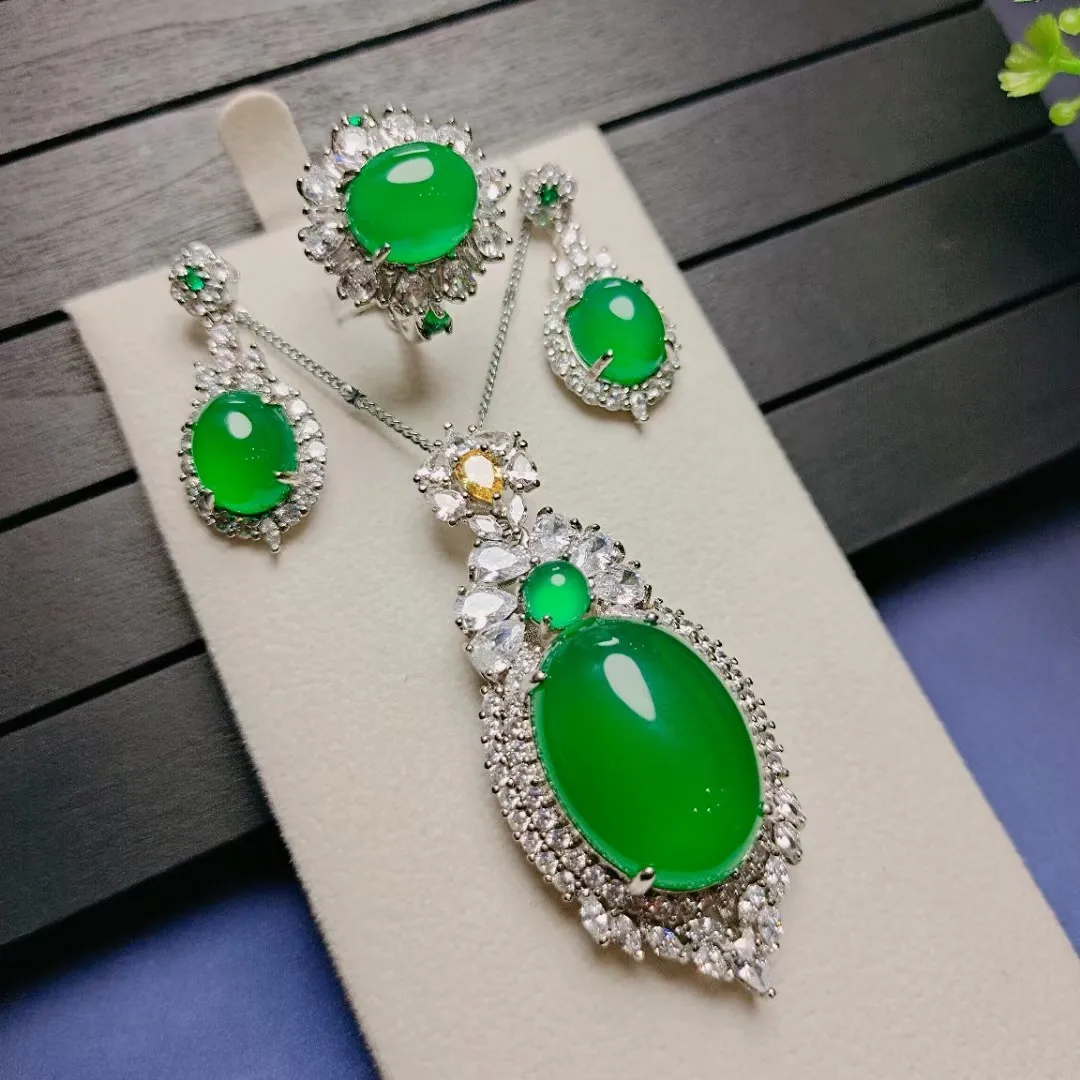 

Natural Green Jade Earrings Ring And Pendant Necklace Jewelry Set Women Genuine Chrysoprase Certified Jades Stone Jewellery