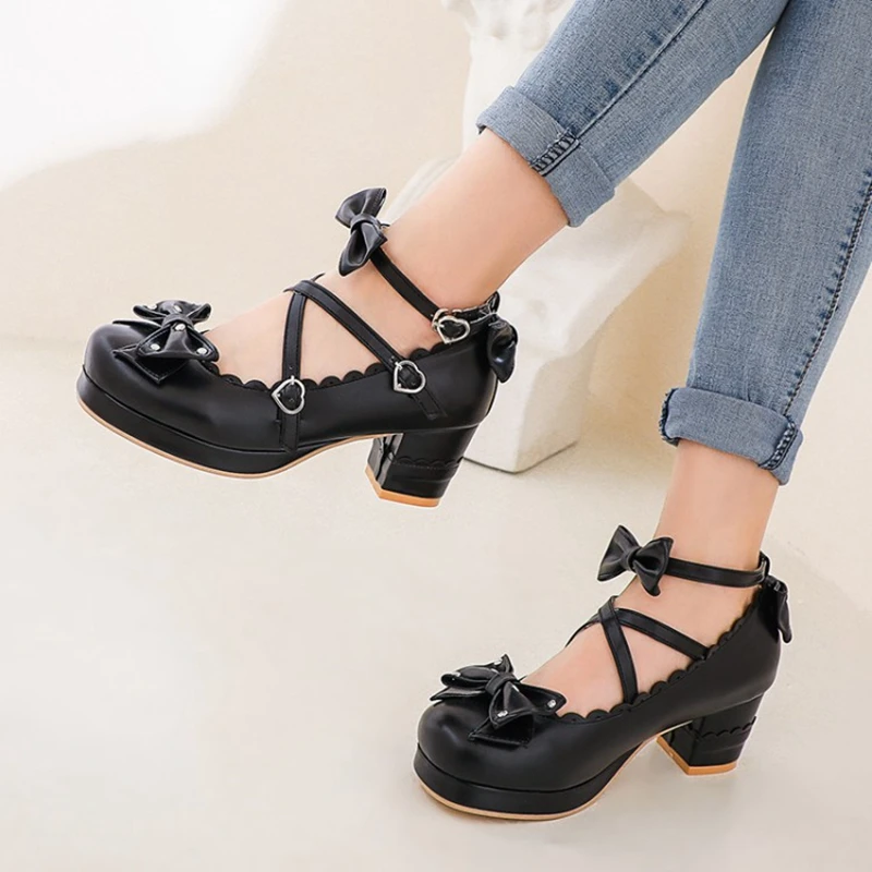 

Women 2022 Mary Janes Pumps Cute Bowtie Princess Lolita Shoes Ladies Square High Heel Princess wedding Cosplay