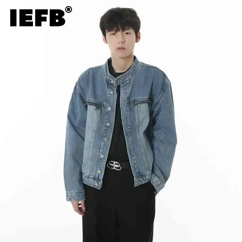 

IEFB Denim Jacket Trend Men's Korean Style Stand Neck Short Jean Coat Fashion Vintage Casual Outerwear Chic Versatile Top 9C2111