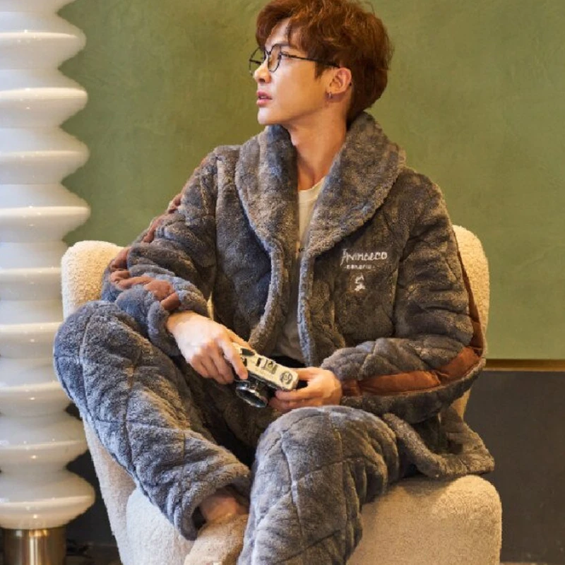 

QUHENG 2022 Winter Pajama Sets for Men Long Sleeve Thick Warm Flannel Coral Velvet Sleepwear Suit Pyjamas Homewear Clothes
