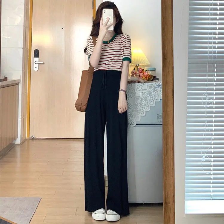

Women 2022 Summer Fashion Two Piece Sets Female Short Sleeve Striped Tops Ladies High Waist Loose Wide-leg Pants Suits O126