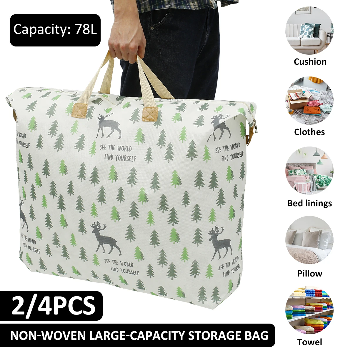 

2/4Pcs Large Storage Bags 78L Large Capacity Foldable Quilt Storage Bag with Zips Waterproof Clothes Organizer Bag with