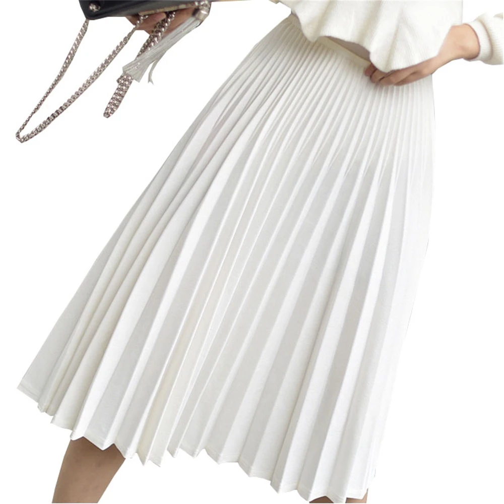 

2020 Spring Women Elegant Pleated Skirt High Waist Women White Long Skirt Female Ladies High Quality Women Midi Skirt Black