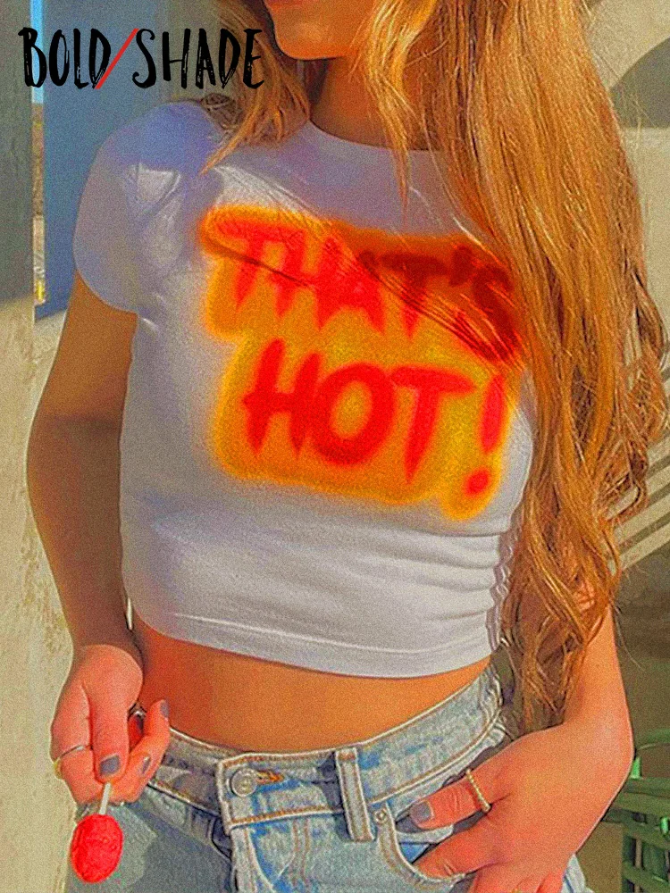 

Bold Shade Summer Indie Streetwear Basic Letter Print Baby Tees Y2K Aesthetics Sexy Crewneck Short Sleeve Crop Tops Women Slim