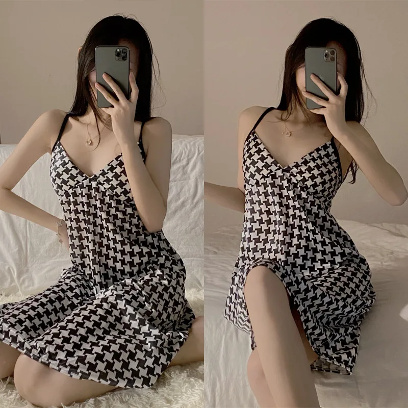 Printing Women Sexy Silk Stain Sleepwear V-neck Camisolas Sling Nightwear Home Clothes Nightgown Nighty for Ladies Nightdress
