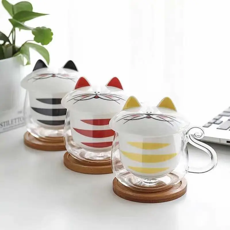 

heat-resistant glass tea mugs cute cat coffee cup 300ml