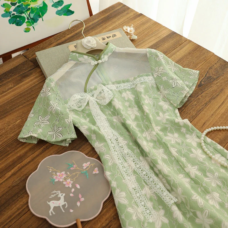 

Платье Чонсам для девушек с кружевной строчкой, Новинка лета 2022, платье с коротким рукавом, Элегантные зеленые милые длинные платья