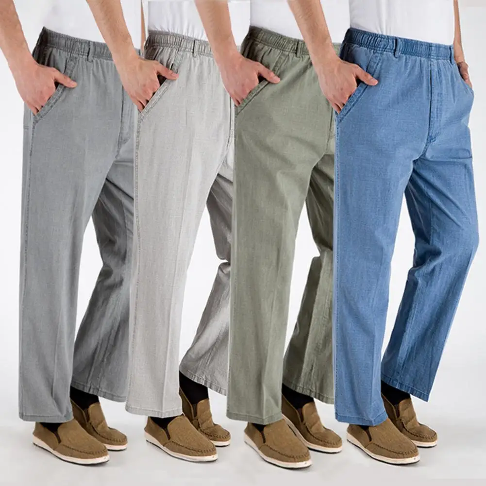 

High Waist Elastic Waistband Men Pants Pockets Straight Wide Leg Men Pants Solid Color Middle Aged Flax Pants Male Clothing