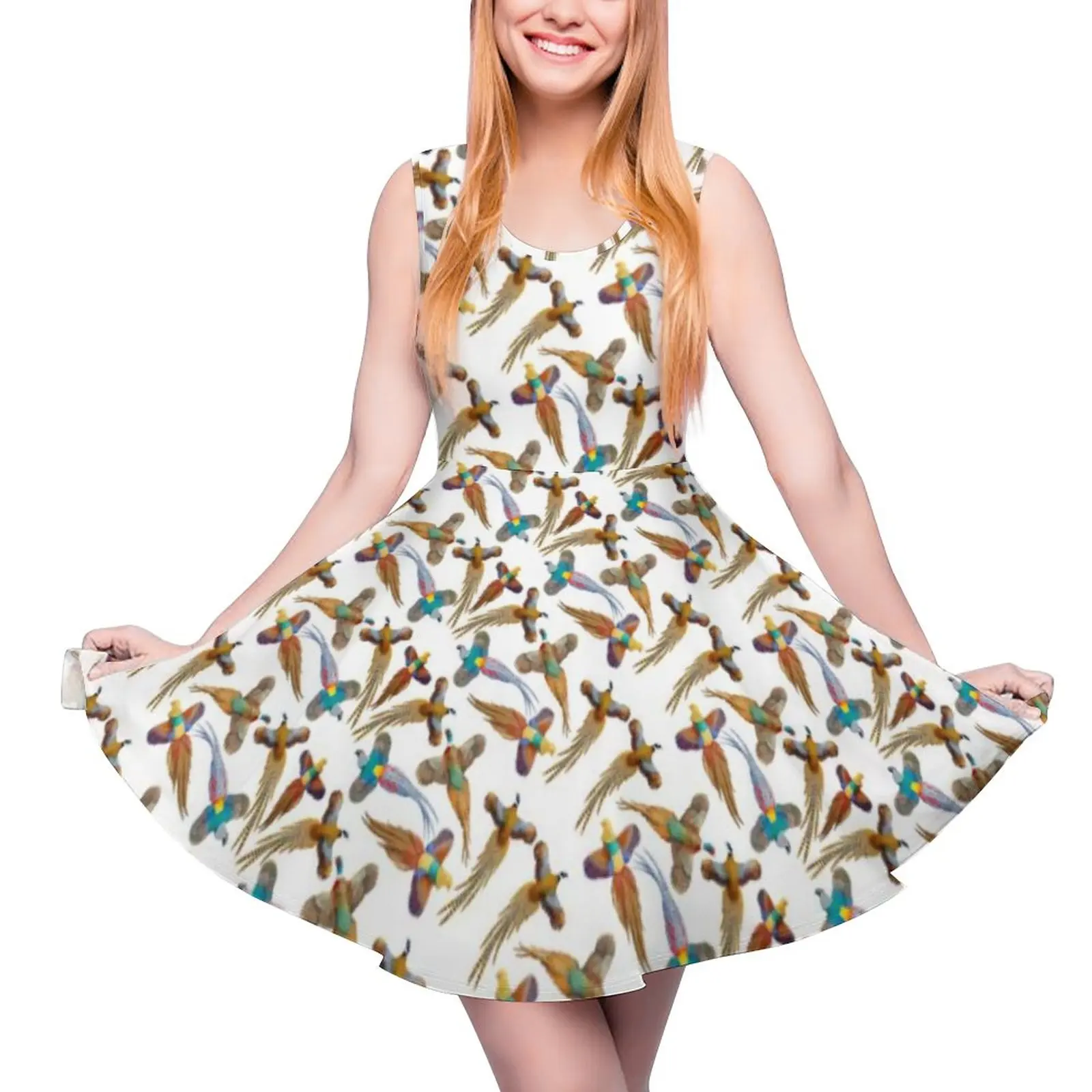 

Летнее платье без рукавов с принтом птиц, летние фазаны