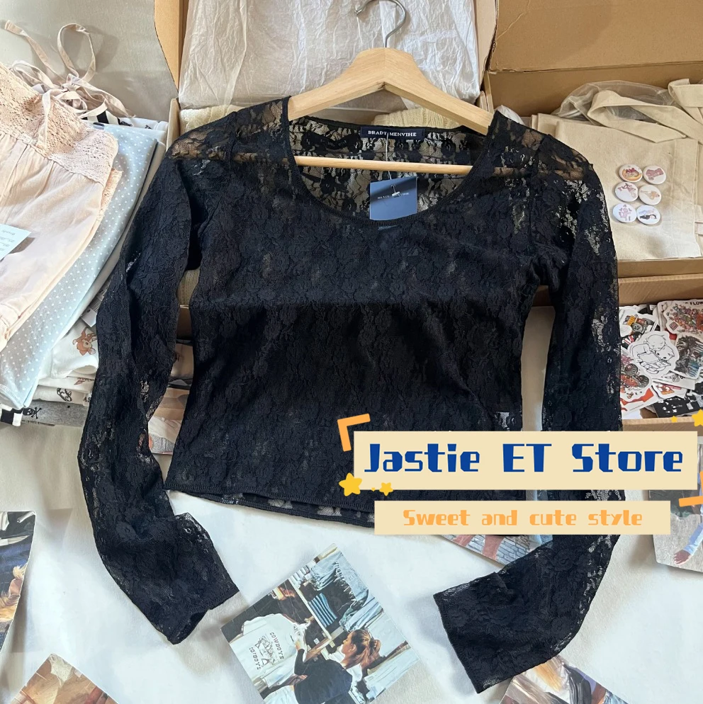 Кружевная Прозрачная Футболка с цветочным рисунком и длинным рукавом