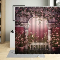 pink dreamy arched doors windows shower curtain vines plants flowers garden scenery bathroom waterproof with hooks bath curtains
