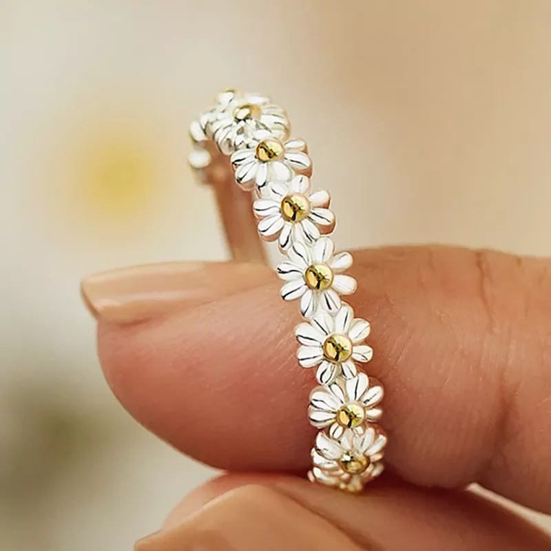 Daisy Flower Rings for Women Open Adjustable Ring Electroplating Cuff Wedding Engagement Rings Jewelry Gift
