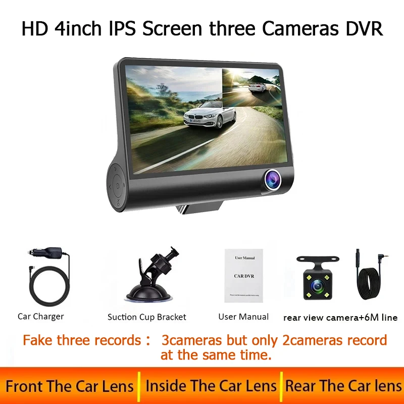 

DashCam Автомобильный 3-камерный видеорегистратор 4-дюймовый Fhd 1080P Авто видеорегистратор с камерой заднего вида Реєстратор ночного видения Черный ящик